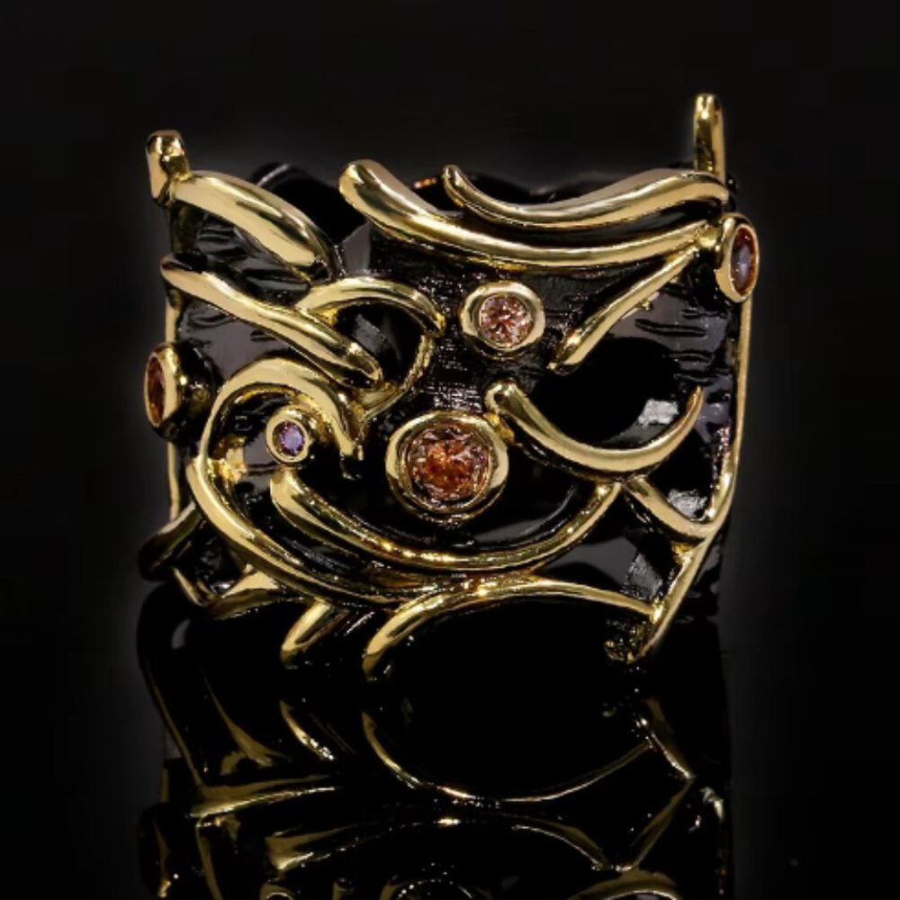 Wide Abstract  Black Gold Inlaid Red Zircon Statement Cocktail Ring Size…